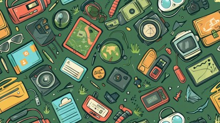 Adventure & Travel Seamless Pattern. Vintage Hiking and Camping Gear on Green Background