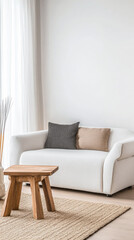 Scandinavian minimalist living room interiors with natural elements together with neutral colors and lighting
