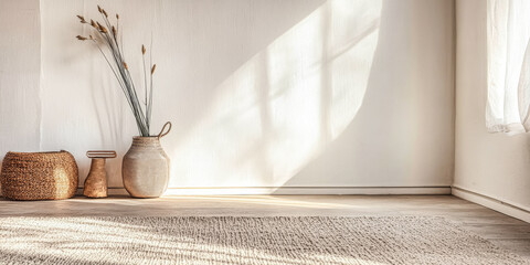 Scandinavian minimalist living room interiors with natural elements together with neutral colors and lighting