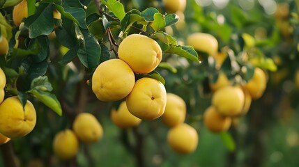A photograph showcasing a lush quince orchard with ripe golden quinces hanging in abundance from the branches of the fruit trees  The scene captures the bountiful harvest and fertile rural landscape