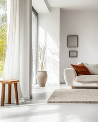 Scandinavian minimalist living room interiors with natural elements together with neutral colors and lighting