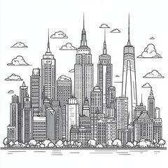 Naklejka premium Line art illustration of New York City skyline with clouds and river.