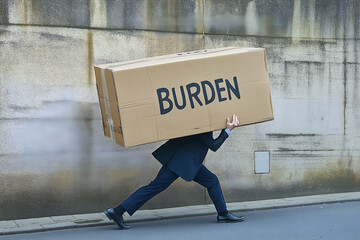 A businessman carrying a cardboard box labeled “BURDEN”
