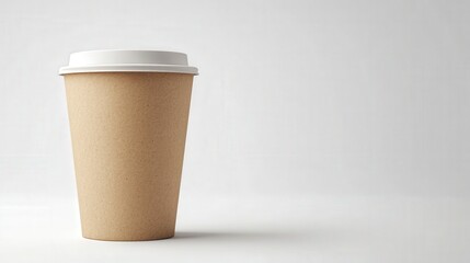 A brown paper coffee cup with a white lid against a white background.
