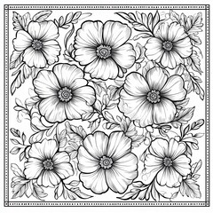 Black and white floral pattern with flowers and leaves.