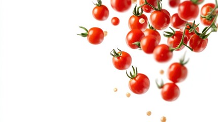 Fresh red cherry tomatoes falling on a white background.