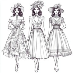 Fashion illustration of three women in elegant dresses and hats.