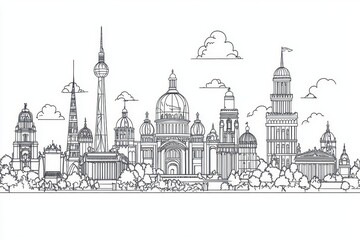Obraz premium Line drawing illustration of famous world landmarks.