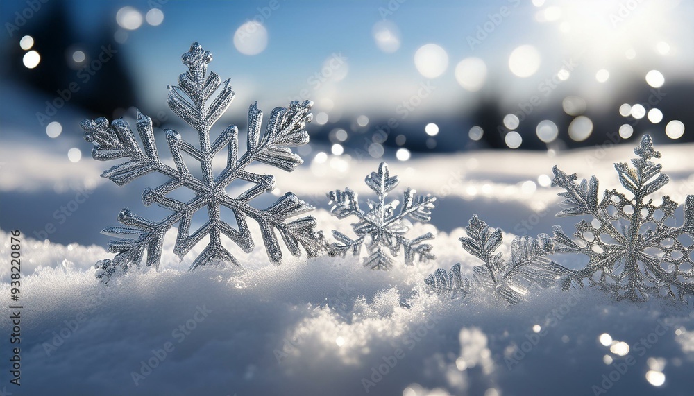 Poster mesmerizing macro view of silver snowflakes sparkling on snowy ground