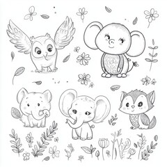 Fototapeta premium Cute cartoon animals with flowers, perfect for coloring pages or children's books.