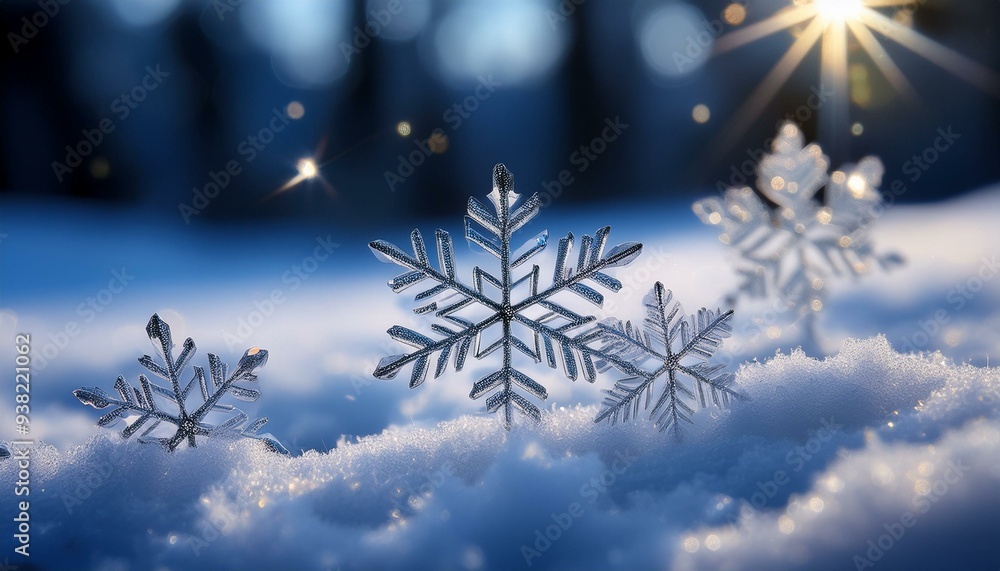 Poster mesmerizing macro view of silver snowflakes sparkling on snowy ground