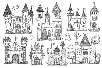 Whimsical fairy-tale castles and characters designed for children's fantasy coloring books