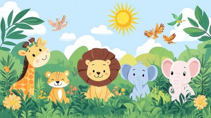 Naklejka premium Cute cartoon animals in a jungle setting.