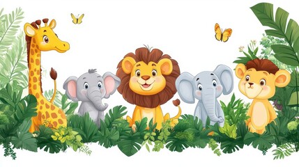 Cute cartoon animals in the jungle: giraffe, lion, elephant, and lion cub.