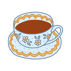 Blue Tea Cup With Cute Floral Pattern. Doodle Sticker Icon