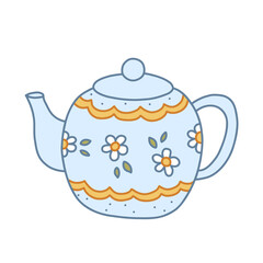 Blue Teapot With Cute Floral Pattern. Doodle Sticker Icon