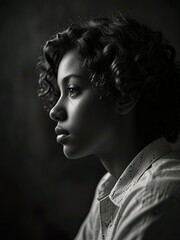 Black and white portrait of a young woman with curly hair, showcasing her expressive features and captivating gaze.
