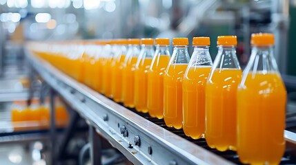 Production line of bottled juice beverage moving on conveyor belt in factory