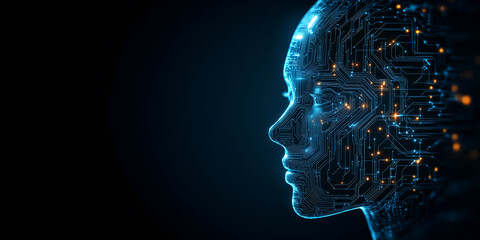 Human face with digital circuits, concept of artificial intelligence and human computer integration