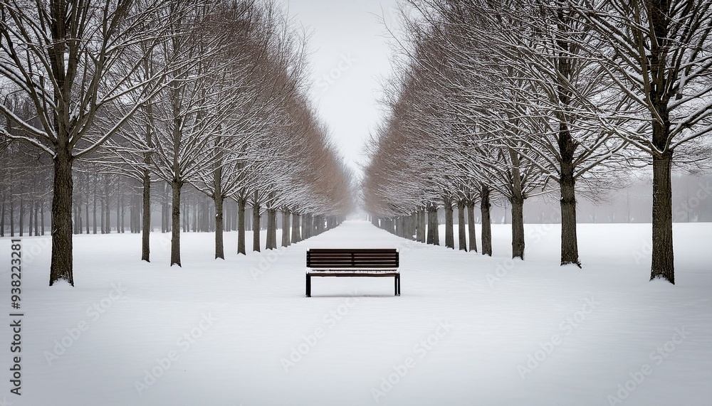Poster minimalistic bench in snowy park surrounded by evenly spaced trees