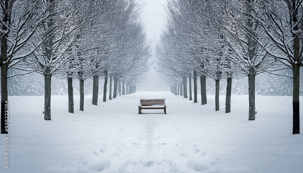 Poster minimalistic bench in snowy park surrounded by evenly spaced trees