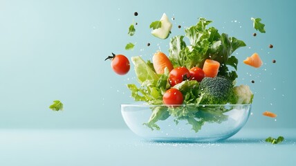 Surreal fresh vegetables on floating glass disk, sky background, light and levitating.