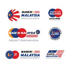 Made in Malaysia label stamp for product manufactured by Malaysia company seal golden ribbon and flag red, blue and gold vector illustration