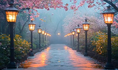 cherry trees and lights along the road