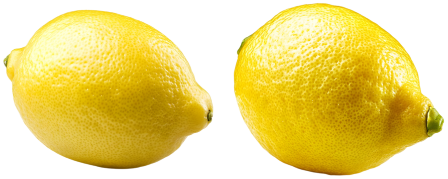Two Ripe Lemons: A duo of vibrantly yellow lemons, ready to be squeezed for their zesty juice. Capture the refreshing essence of citrus with this image, isolated on transparent background.