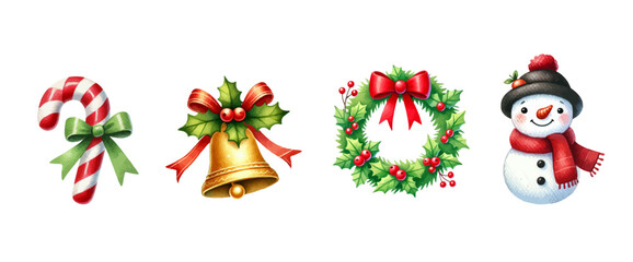 Christmas candy cane, bell, hooly wreath, snowman, red and green ribbon in watercolor style. Merry Christmas watercolor painting element vector illustration
