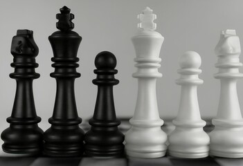 Lined up chess pieces set in black and white on a chessboard image 