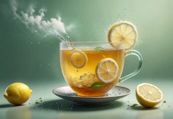 hot tea with lemon in a glass cup