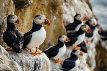 A group of colorful puffin birds perched on rocky cliffs overlooking the ocean, showcasing their unique features and vibrant beaks.