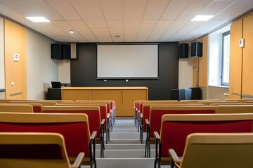 Fototapeta premium Empty classroom, presentation room with red chair and white chalkboard in the background. Generated AI.