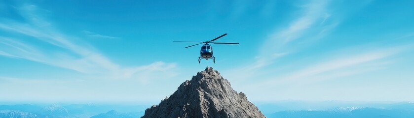 Fototapeta na wymiar A blue helicopter flying over a mountain peak with a blue sky and white clouds in the background.