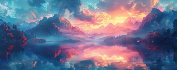 A whimsical digital painting of mountains with vibrant pink and teal clouds, creating an enchanting landscape. The sky is painted in soft pastel colors