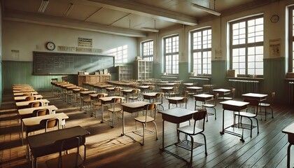 Vintage Empty Classroom with Wooden Desks and Chairs in Morning Light back to school