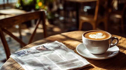 Cup of cappuccino with newspaper on the table, coffee shop background, warm tone
