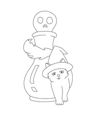 Outline of cat wearing a witch hat and a potion bottle with a skull cap. Vector illustration on a white background