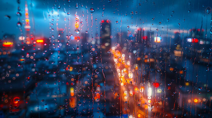 A glass window with water drops, overlooking at the big city, urban nightscape