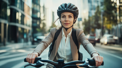 Businesswoman riding bicycle in city wearing helmet and backpack