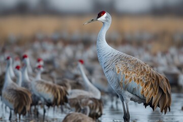 Obraz premium A magnificent crane stands out among its flock, showcasing its elegant feathers and striking red crown in a serene wetland habitat.