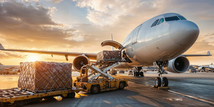 Airplane being loaded with cargo at sunset on an airport tarmac