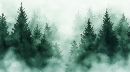 Pine forest in fog, mystical woodland