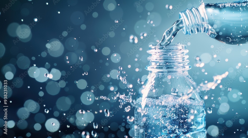 Poster an artistic rendering of water pouring from a bottle, showcasing the fluid dynamics and captivating 