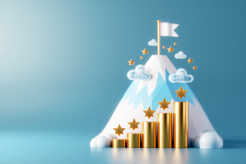 This visual depicts a mountain with a flag at the summit, accompanied by golden bars symbolizing growth and achievement, enhanced with stars and clouds