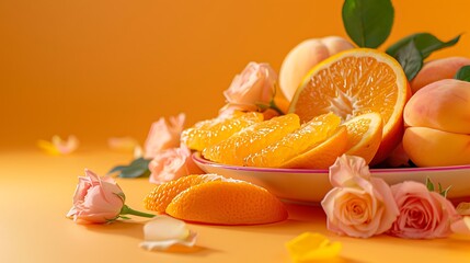 Ripe peach fruits orange fruit sliced and rose flower served on a dish isolated on a orange background