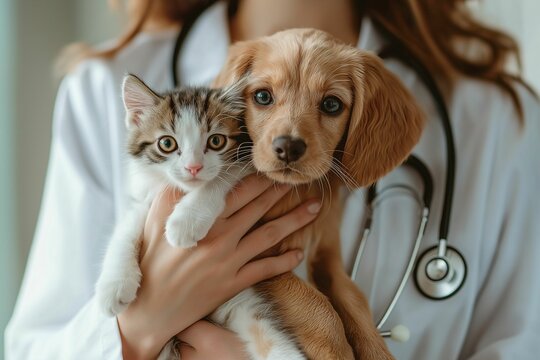 The veterinarian holds a puppy or kitten pet for treatment