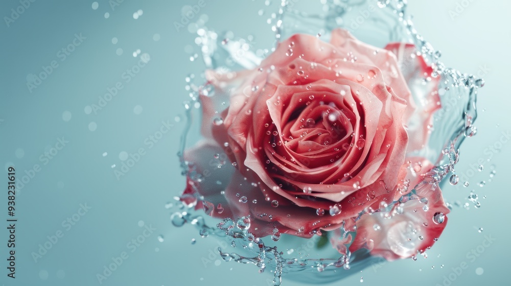 Poster a surreal depiction of water splashes creating a rose in full bloom, capturing the delicate petals a