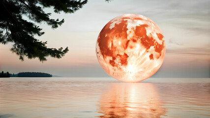 a moon with a rich red hue hangs low in the